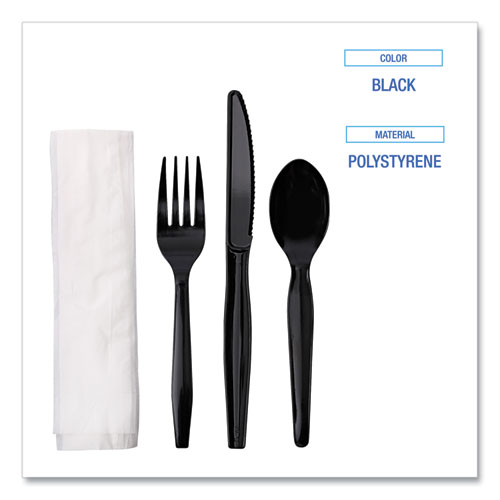 Picture of Four-Piece Cutlery Kit, Fork/Knife/Napkin/Teaspoon, Black, 250/Carton