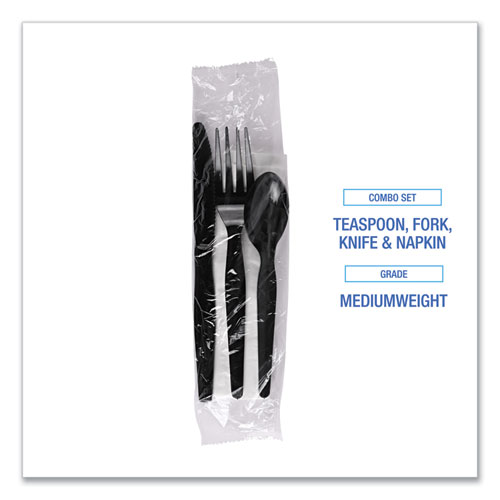 Picture of Four-Piece Cutlery Kit, Fork/Knife/Napkin/Teaspoon, Black, 250/Carton