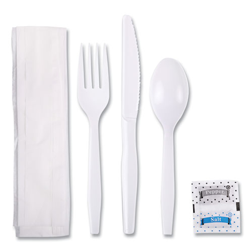 Picture of Six-Piece Cutlery Kit, Condiment/Fork/Knife/Napkin/Teaspoon, White, 250/Carton