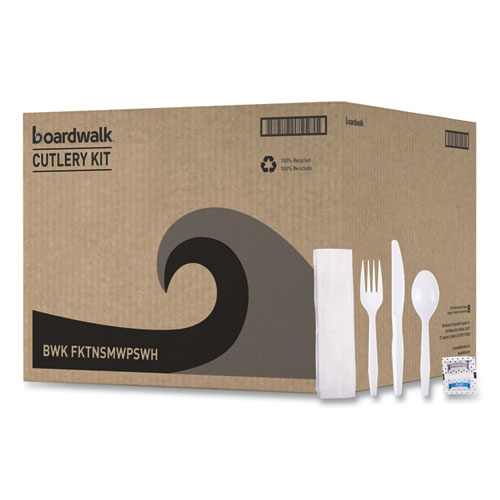 Picture of Six-Piece Cutlery Kit, Condiment/Fork/Knife/Napkin/Teaspoon, White, 250/Carton