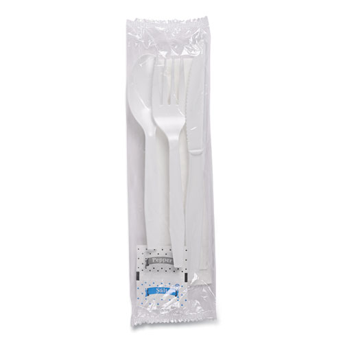 Picture of Six-Piece Cutlery Kit, Condiment/Fork/Knife/Napkin/Teaspoon, White, 250/Carton