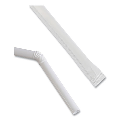 Picture of Flexible Wrapped Straws, 7.75", Plastic, White, 500/Pack, 20 Packs/Carton