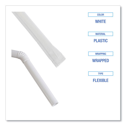 Picture of Flexible Wrapped Straws, 7.75", Plastic, White, 500/Pack, 20 Packs/Carton