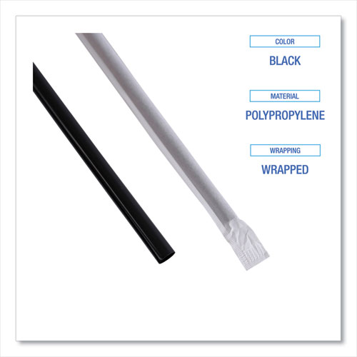 Picture of Wrapped Jumbo Straws, 7.75", Polypropylene, Black, 250/Pack, 50 Packs/Carton