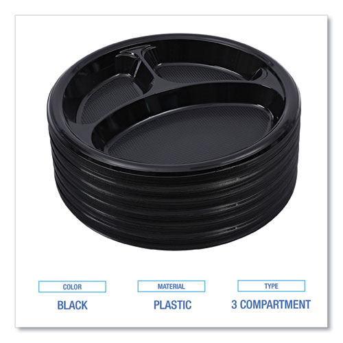 Picture of Hi-Impact Plastic Dinnerware, Plate, 3-Compartment, 10" dia, Black, 125/Sleeve, 4 Sleeves/Carton