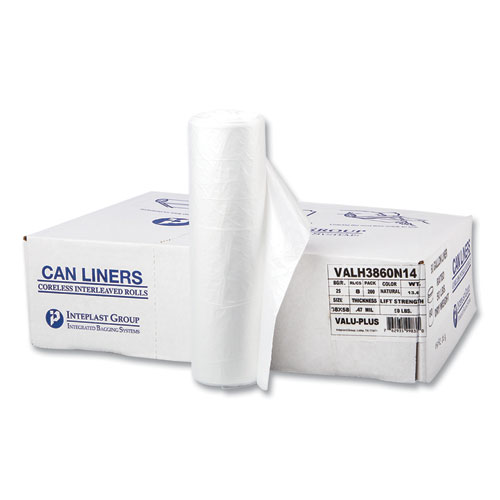 Picture of High-Density Commercial Can Liner Value Pack, 60 gal, 12 mic, 38" x 58", Clear, Interleaved Roll, 25 Bags/Roll, 8 Rolls/CT