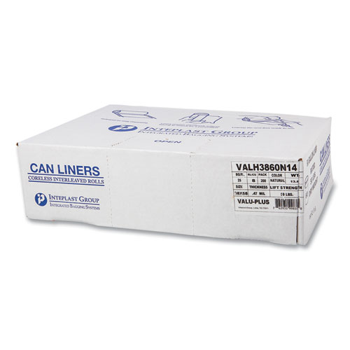 Picture of High-Density Commercial Can Liner Value Pack, 60 gal, 12 mic, 38" x 58", Clear, Interleaved Roll, 25 Bags/Roll, 8 Rolls/CT