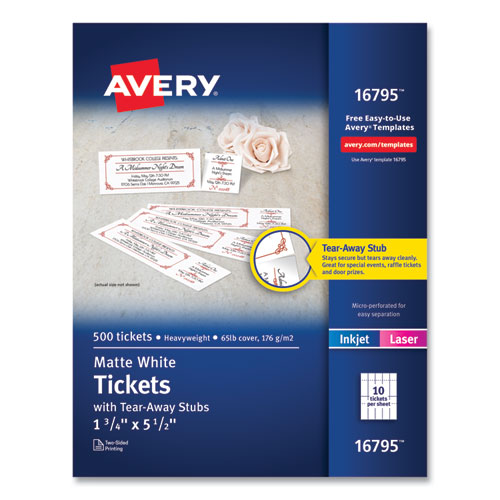 Picture of Printable Tickets with Tear-Away Stubs, 97 Bright, 65 lb Cover Weight, 8.5 x 11, White, 10 Tickets/Sheet, 50 Sheets/Pack