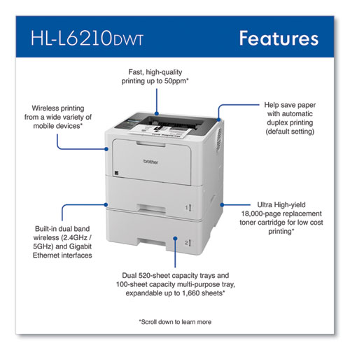 HL-L6210DWT+Business+Monochrome+Laser+Printer+with+Dual+Paper+Trays