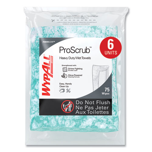 Picture of Power Clean ProScrub Pre-Saturated Wipes, 12 x 9.5, Citrus Scent, Green, 75/Pack, 6 Packs/Carton