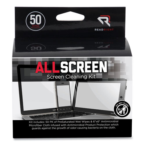 AllScreen+Cleaning+Kit+with+%281%29+6+x+6+Microfiber+Cloth%2C+%2850%29+4+x+5+Individually+Wrapped+Pre-Saturated+Wipes%2C+Unscented%2C+White