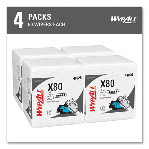 Picture of Power Clean X80 Heavy Duty Cloths, 1/4 Fold, 12.5 x 12, White, 50/Box, 4 Boxes/Carton