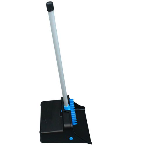 Picture of LobbyMaster Plastic Dust Pan, 11.72" Wide, 31" PVC Handle, Blue/Black