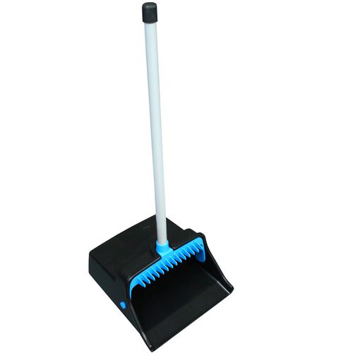 Picture of LobbyMaster Plastic Dust Pan, 11.72" Wide, 31" PVC Handle, Blue/Black