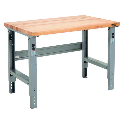 Picture of Standard Duty Butcher Block Top Adjustable Height Workbench, 48 x 30 x 30.88 to 36.88, Gray