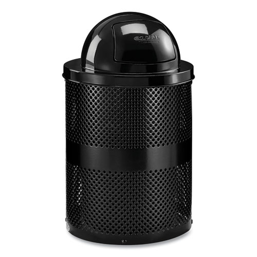 Picture of Outdoor Perforated Steel Trash Can with Dome Lid, 36 gal, Steel, Black