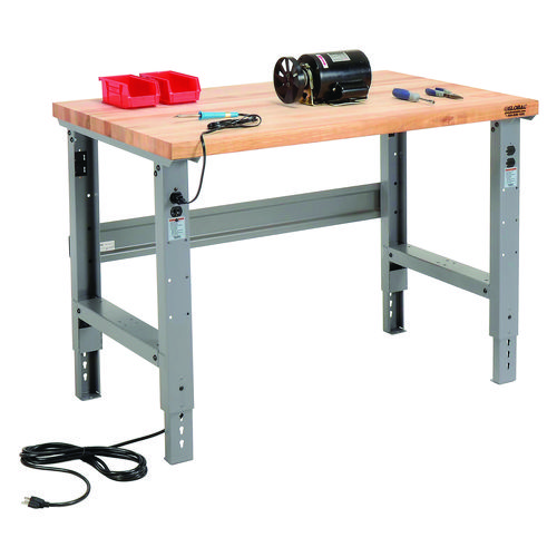 Picture of Standard Duty Butcher Block Top Adjustable Height Workbench, 48 x 30 x 30.88 to 36.88, Gray