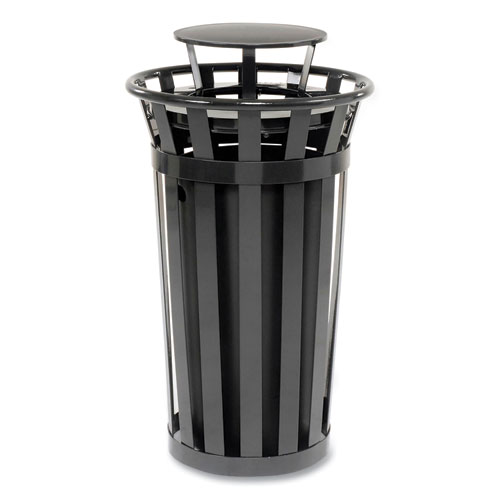 Picture of Outdoor Slatted Steel Trash Can, Rain Bonnet Lid, 24 gal, Black