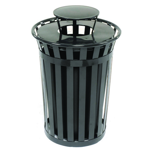 Picture of Outdoor Slatted Steel Trash Can, Rain Bonnet Lid, 36 gal, Black