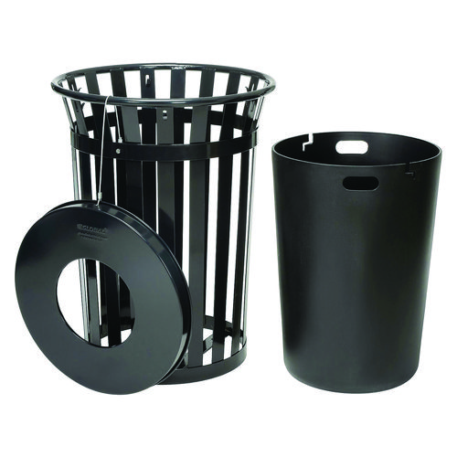 Picture of Outdoor Slatted Steel Trash Can, 36 gal, Black