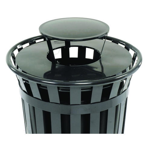 Picture of Outdoor Slatted Steel Trash Can, Rain Bonnet Lid, 36 gal, Black