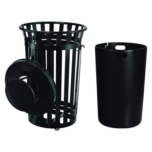Picture of Outdoor Slatted Steel Trash Can, With Access Door and Rain Bonnet Lid, 36 gal, Black