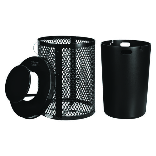 Picture of Outdoor Diamond Steel Trash Can, Rain Bonnet Lid, 36 gal, Black