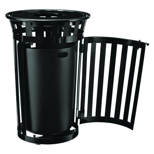Picture of Outdoor Slatted Steel Trash Can, With Access Door, 36 gal, Steel Black