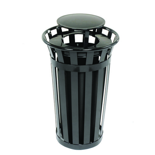 Picture of Outdoor Slatted Steel Trash Can, Rain Bonnet Lid, 24 gal, Black