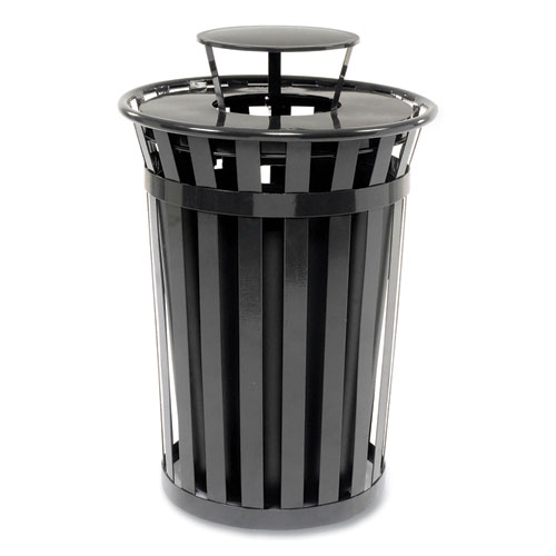 Picture of Outdoor Slatted Steel Trash Can, Rain Bonnet Lid, 36 gal, Black