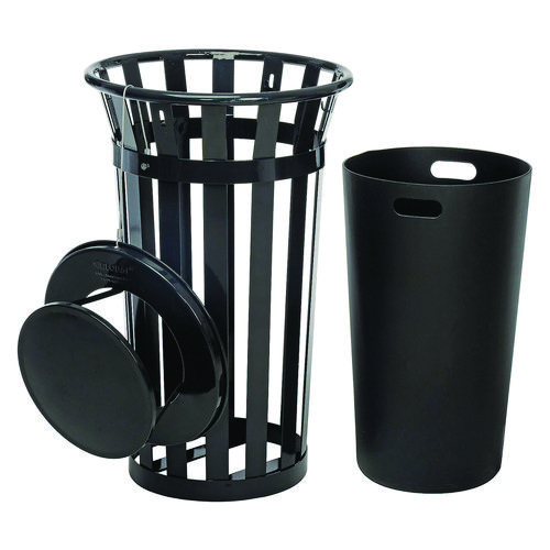 Picture of Outdoor Slatted Steel Trash Can, Rain Bonnet Lid, 24 gal, Black