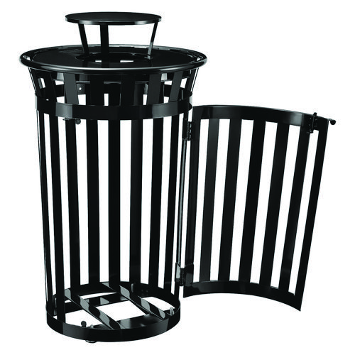 Picture of Outdoor Slatted Steel Trash Can, With Access Door and Rain Bonnet Lid, 36 gal, Black
