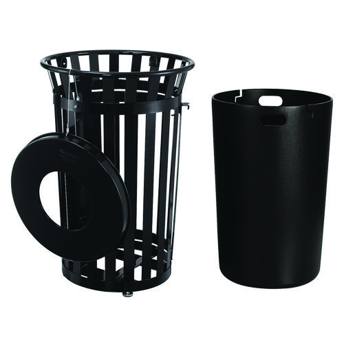 Picture of Outdoor Slatted Steel Trash Can, With Access Door, 36 gal, Steel Black