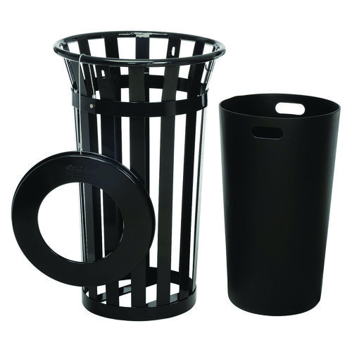 Picture of Outdoor Slatted Steel Trash Can, 24 gal, Black