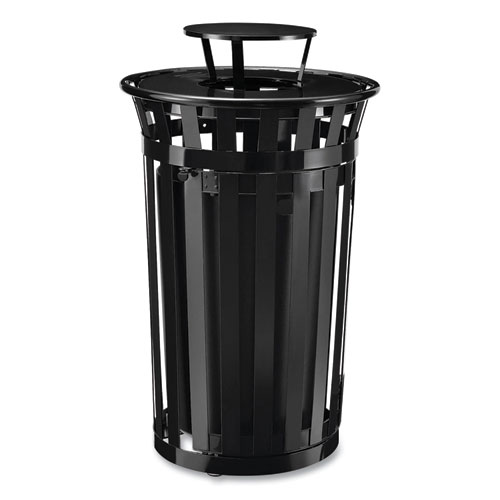 Picture of Outdoor Slatted Steel Trash Can, With Access Door and Rain Bonnet Lid, 36 gal, Black
