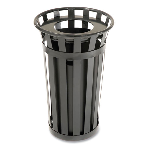 Picture of Outdoor Slatted Steel Trash Can, 24 gal, Black