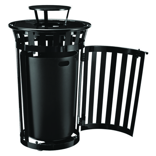 Picture of Outdoor Slatted Steel Trash Can, With Access Door and Rain Bonnet Lid, 36 gal, Black
