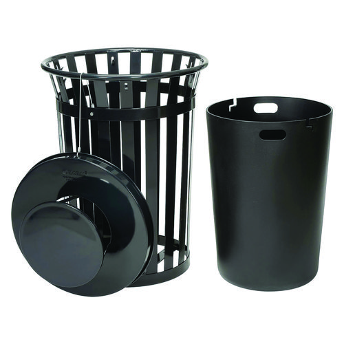 Picture of Outdoor Slatted Steel Trash Can, Rain Bonnet Lid, 36 gal, Black