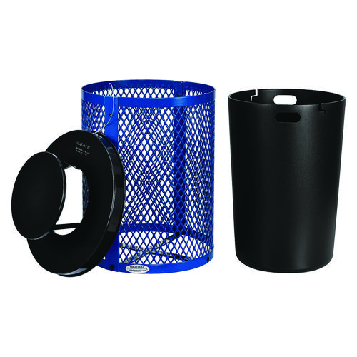 Picture of Outdoor Diamond Steel Trash Can, Rain Bonnet Lid, 36 gal, Blue