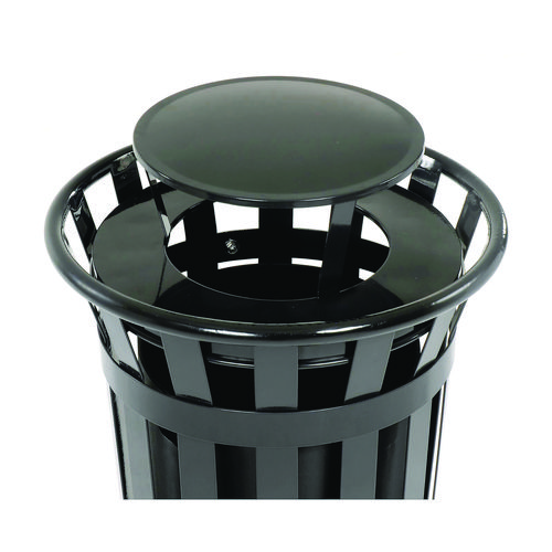 Picture of Outdoor Slatted Steel Trash Can, Rain Bonnet Lid, 24 gal, Black