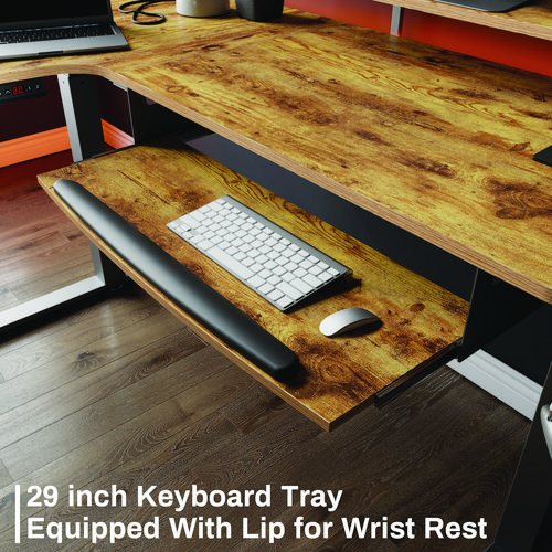 Picture of L-Shaped Standing Desk with Keyboard Tray, Left Desk, 61.25" x 43.25" x 34.38" to 52.88", Rustic Brown/Black