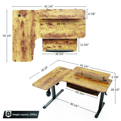 Picture of L-Shaped Standing Desk with Keyboard Tray, Right Desk, 61.25" x 43.25" x 34.38" to 52.88", Rustic Brown/Black
