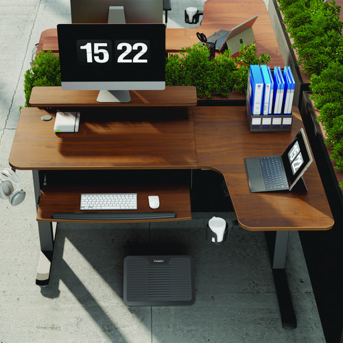 Picture of L-Shaped Standing Desk with Keyboard Tray, Right Desk, 61.25" x 43.25" x 34.38" to 52.88", Walnut/Black