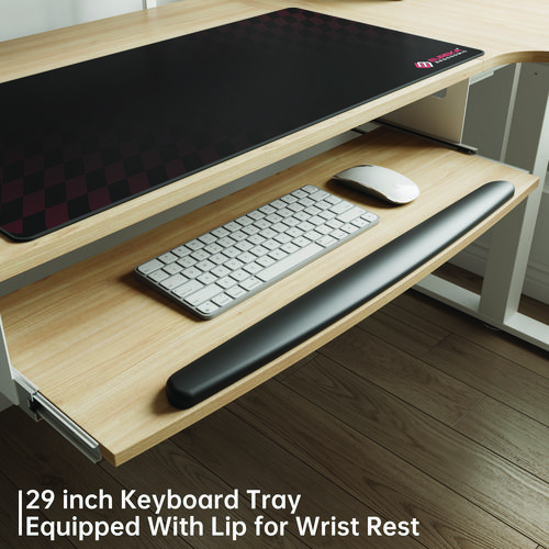 Picture of L-Shaped Standing Desk with Keyboard Tray, Right Desk, 61.25" x 43.25" x 34.38" to 52.88", Maple White/White