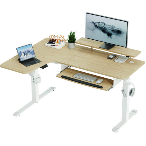Picture of L-Shaped Standing Desk with Keyboard Tray, Left Desk, 61.25" x 43.25" x 34.38" to 52.88", Maple White/White