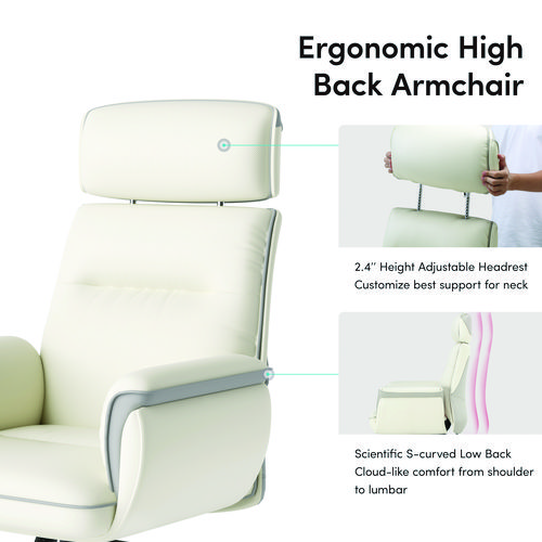 Picture of Royal Executive Office Chair, Support up to 300 lb, 19.46"-22.26" Seat Height, White PU Leather Seat, White Faux Leather Back