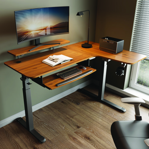 Picture of L-Shaped Standing Desk with Keyboard Tray, Right Desk, 61.25" x 43.25" x 34.38" to 52.88", Walnut/Black