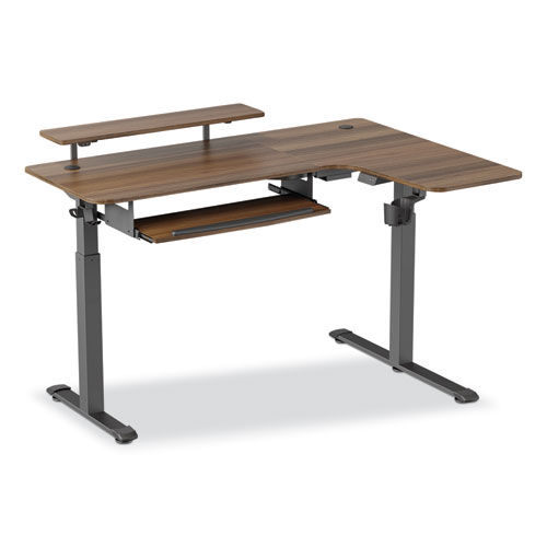Picture of L-Shaped Standing Desk with Keyboard Tray, Right Desk, 61.25" x 43.25" x 34.38" to 52.88", Walnut/Black