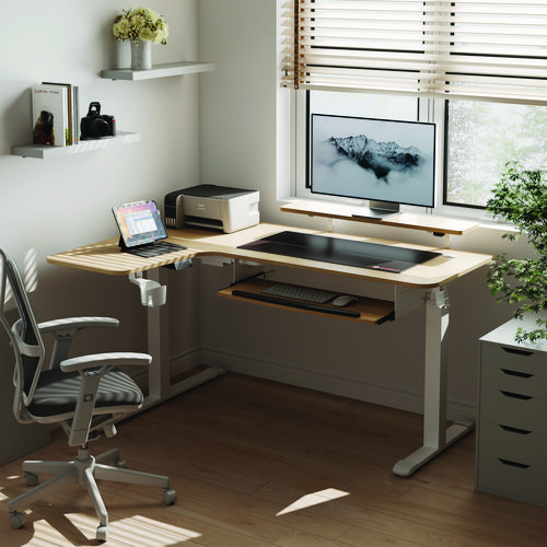 Picture of L-Shaped Standing Desk with Keyboard Tray, Left Desk, 61.25" x 43.25" x 34.38" to 52.88", Maple White/White
