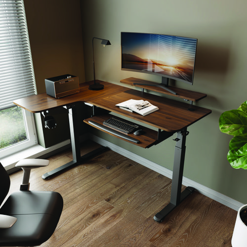Picture of L-Shaped Standing Desk with Keyboard Tray, Left Desk, 61.25" x 43.25" x 34.38" to 52.88", Walnut/Black